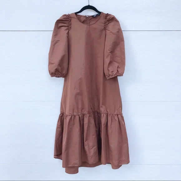zara voluminous sleeve midi dress ZARA Long Midi Dress With Voluminous Sleeve Polka Dot S Black Pink 7563/276